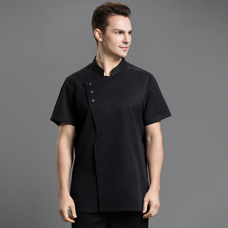 Abrigo de cocina para hombre y mujer, ropa de Chef de manga corta, ropa de trabajo para Hotel, camisa de cocinero, chaqueta de servicio de comida, uniforme de restaurante
