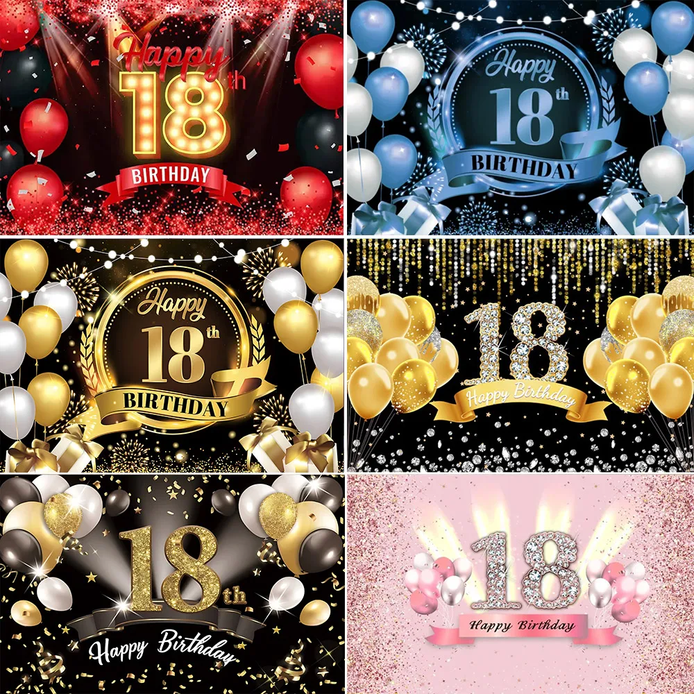 

Happy 18th Birthday Backdrop Black Gold Glitter Balloon Boy Girl 18 Years Old Custom Poster Mitzvah Photography Background Props