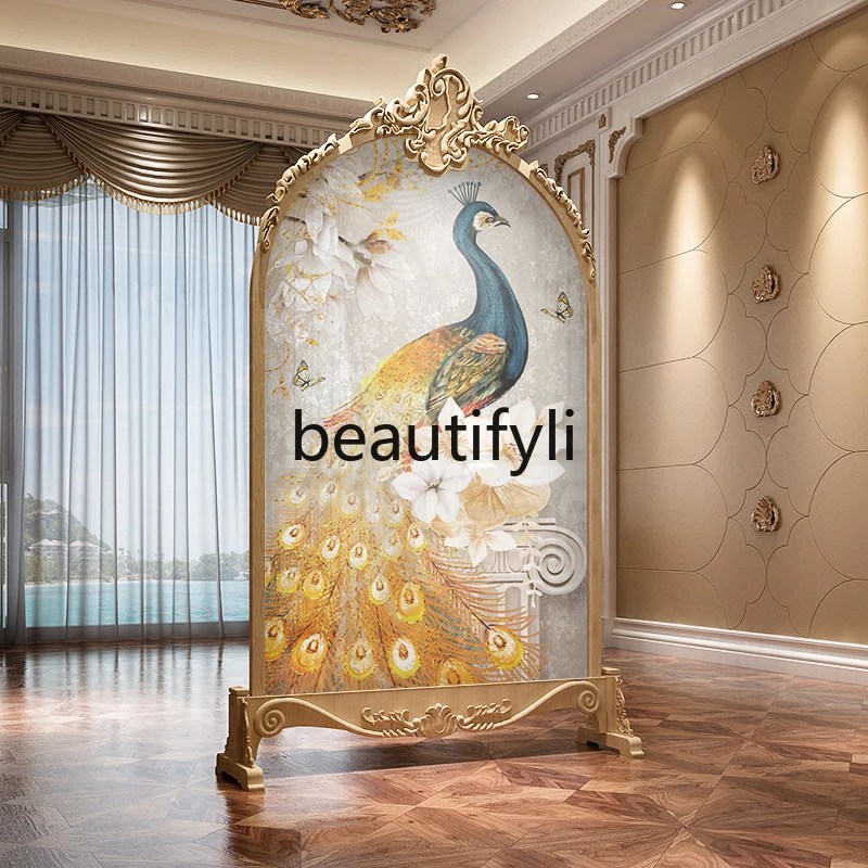 

home partition Entry porch Shield Decorative solid wood carving flower screen Light luxury living room Bedroom Shield peacock