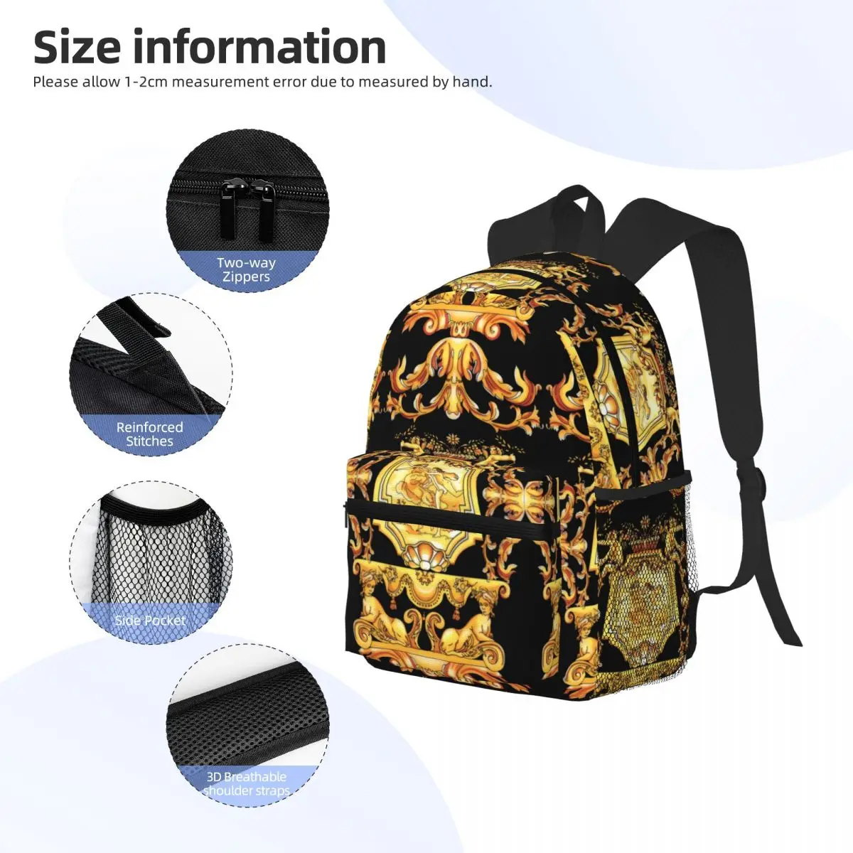 Golden Baroque Laptop Bookbag Computer Bag Hiking Travel Daypack for Women Men