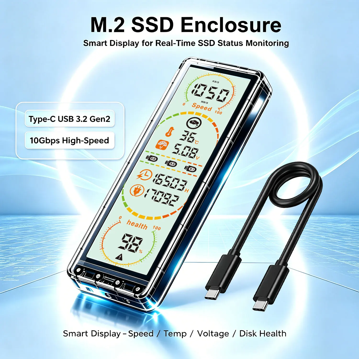 【¥964】HSEN 10Gbps ディスプレイ付き m.2 SSDケース クリア-アリエク特価アラート