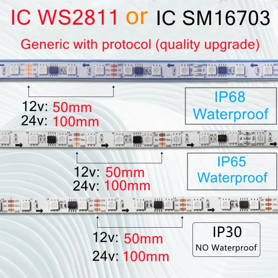 12V 24V WS2811 SM16703 5050 RGBIC Led Lights 5V RGB Led Strip Light IP68 Waterproof Smart Pixels Magic Light Black White PCB