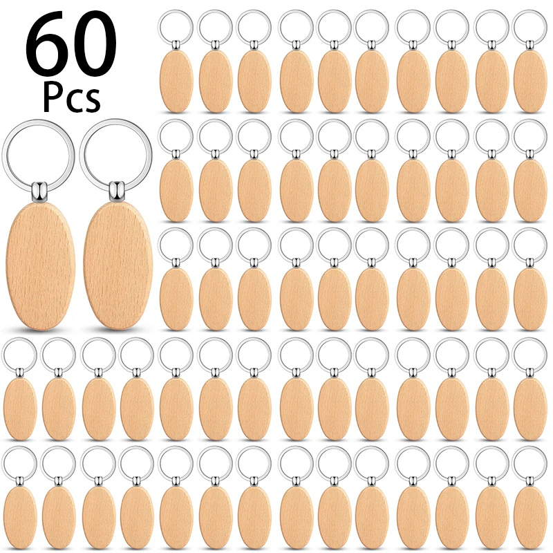 

60Pcs Wooden Key Tags Oval Shaped Keychain