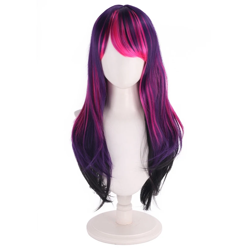 Cosplay wig with purple gradient pony headgear, anime long curly hair
