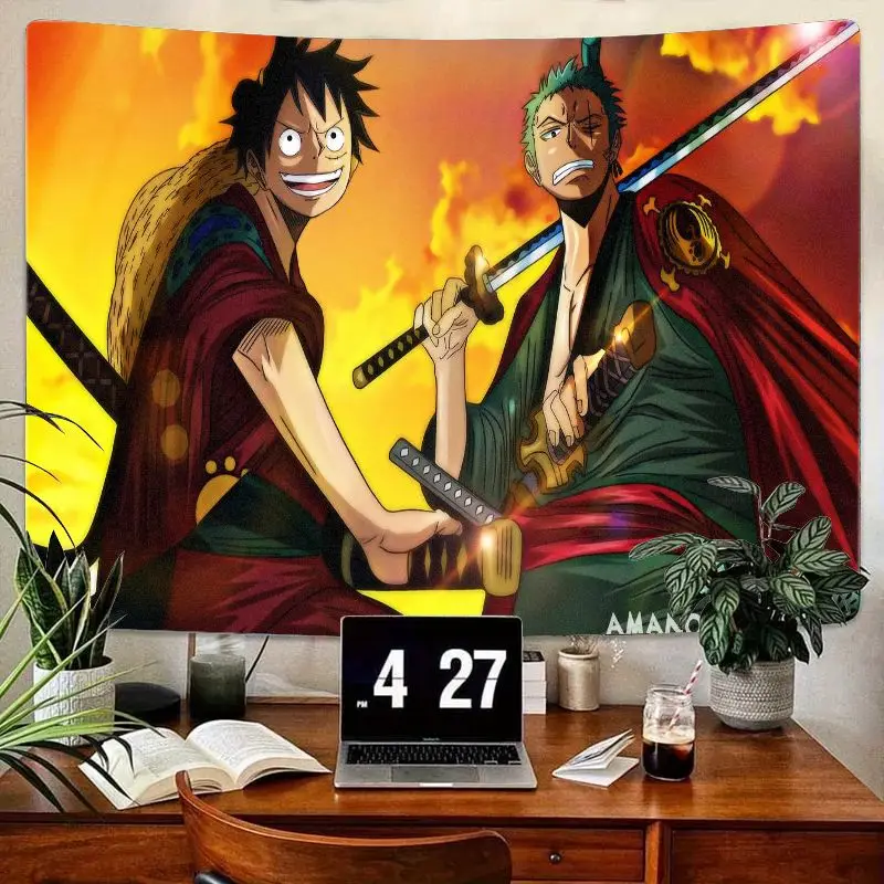 1 tapiz de Anime de One Piece Luffy Zoro, arte de pared, fondo ardiente naranja-amarillo con trajes rojos/verdes, decoración de escritorio de madera para B