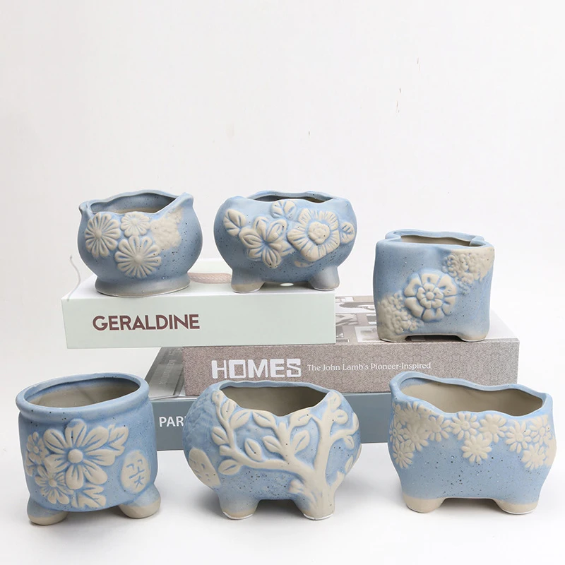 

Корейский Ins простой тисненый синий керамический цветочный горшок, винтажный сочный зеленый растительный горшок, настольная раковина для дома и сада