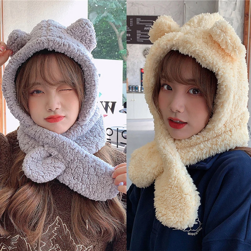 1Pc Cute Bear Ear Hat Scarf Gloves 3-in-1 Winter Warm Hedging Cap Women Windproof Plush Hat Scarf