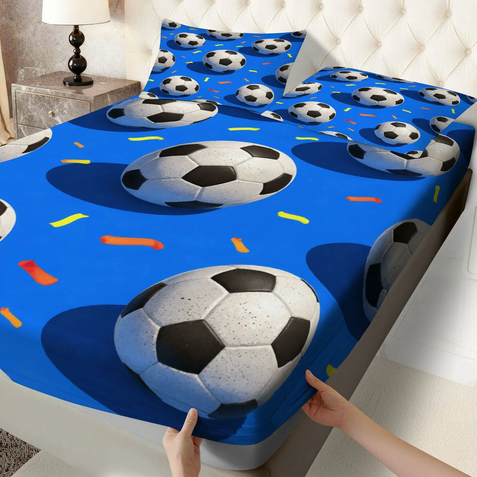 Three-piece fitted sheet set, digital print fitted sheet set (includes 1 fitted sheet + 2 pillowcases), football-themed fun fitted sheet set, large-capacity deep pocket 2D printed fitted sheet and 2 pillowcases, bedding mattress protector, fitted elastic style, protective cover, mattress protector, suitable for all seasons, machine washable design, holiday decoration, various sizes, breathable protective cover with pillowcases