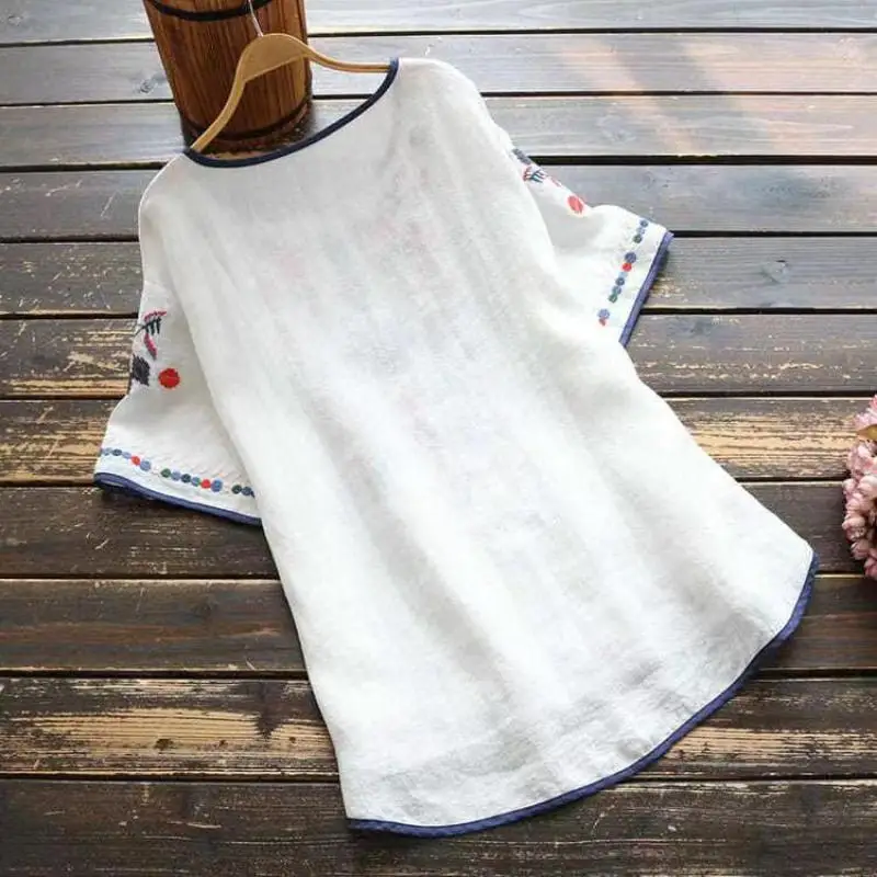 Phụ Nữ Xuân Hè Retro Vải Lanh Cotton Nữ Quốc Gia Trung Quốc Phong Cách Thêu Tay Lửng Họa Tiết Hoa Sườn Xám Áo Sơ Mi 4XL