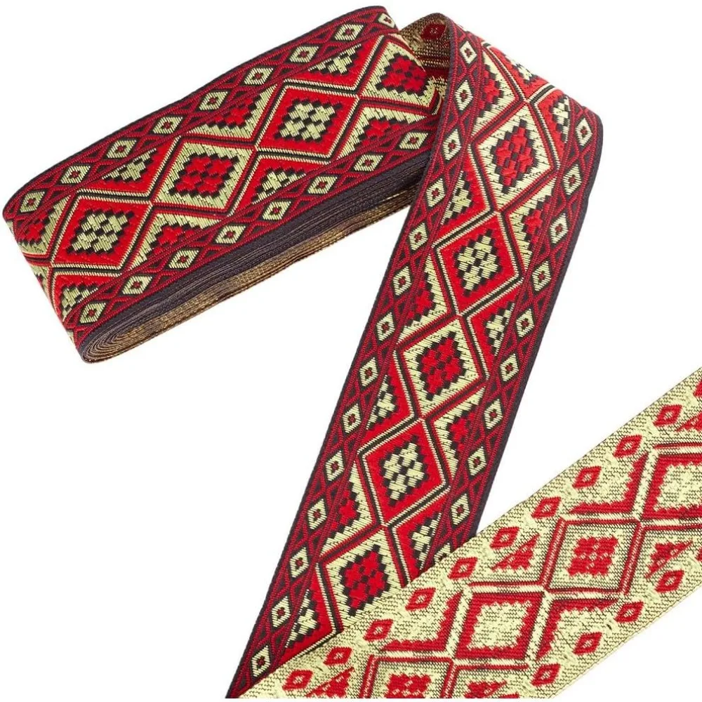 7,66 Yards Boho Jacquard-Band 2 Zoll/5cm Rhombus-Besticktes Gewebtes Band Ethnischer Stil Polyester-Bänder Stoffborte Fransen