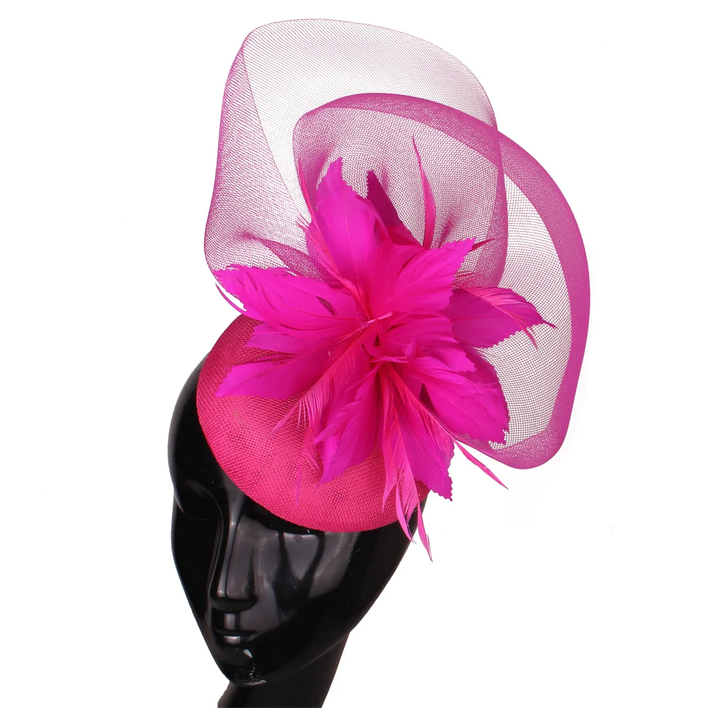 Hot Pink Fashion Fascinator Hats Headband Bridal Women Elegant Show Headpiece Mesh Party Tea Hair Accessories Headband Millinery