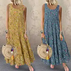 Maxi vestito bohémien da donna estate Casual O collo senza maniche Tank abiti lunghi Vintage stampa floreale allentato prendisole da spiaggia Vestidos