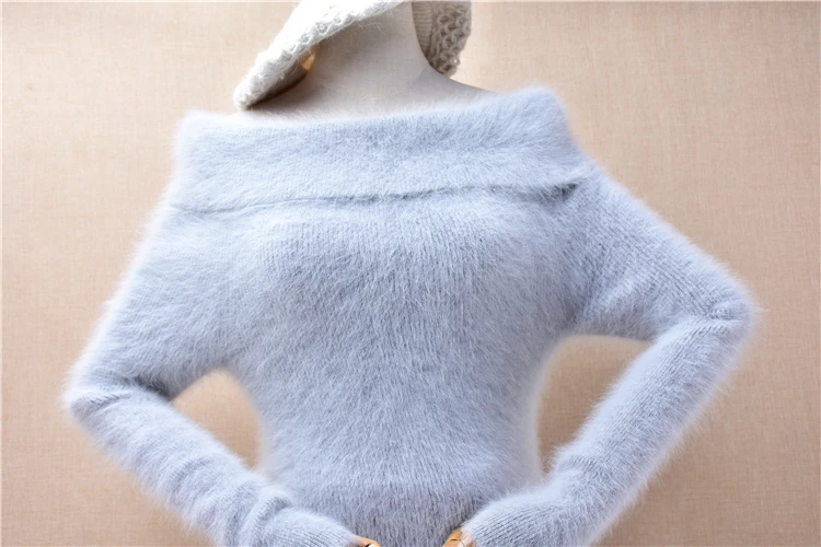 Ladies Women Autumn Winter Grey Hairy Angora Rabbit Hair Knitted Slash Neck Long Sleeves Slim Blouses Pullover Sweater Jumper