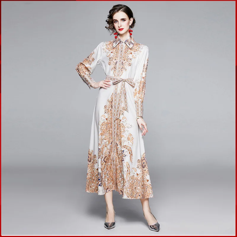 2024 New Women's Palace Style Retro Print Long Sleeve Waist Long Dress Middle Eastern Slim Fit A-line Skirt