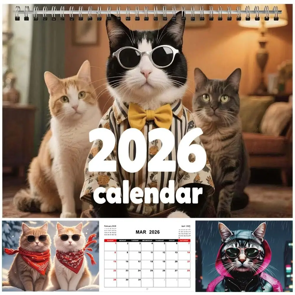 Two Cats Design 2026 Calendar Hanging Loop Durable Construction Kitten Wall Calendar Full-Year Planning Desktop Decoration