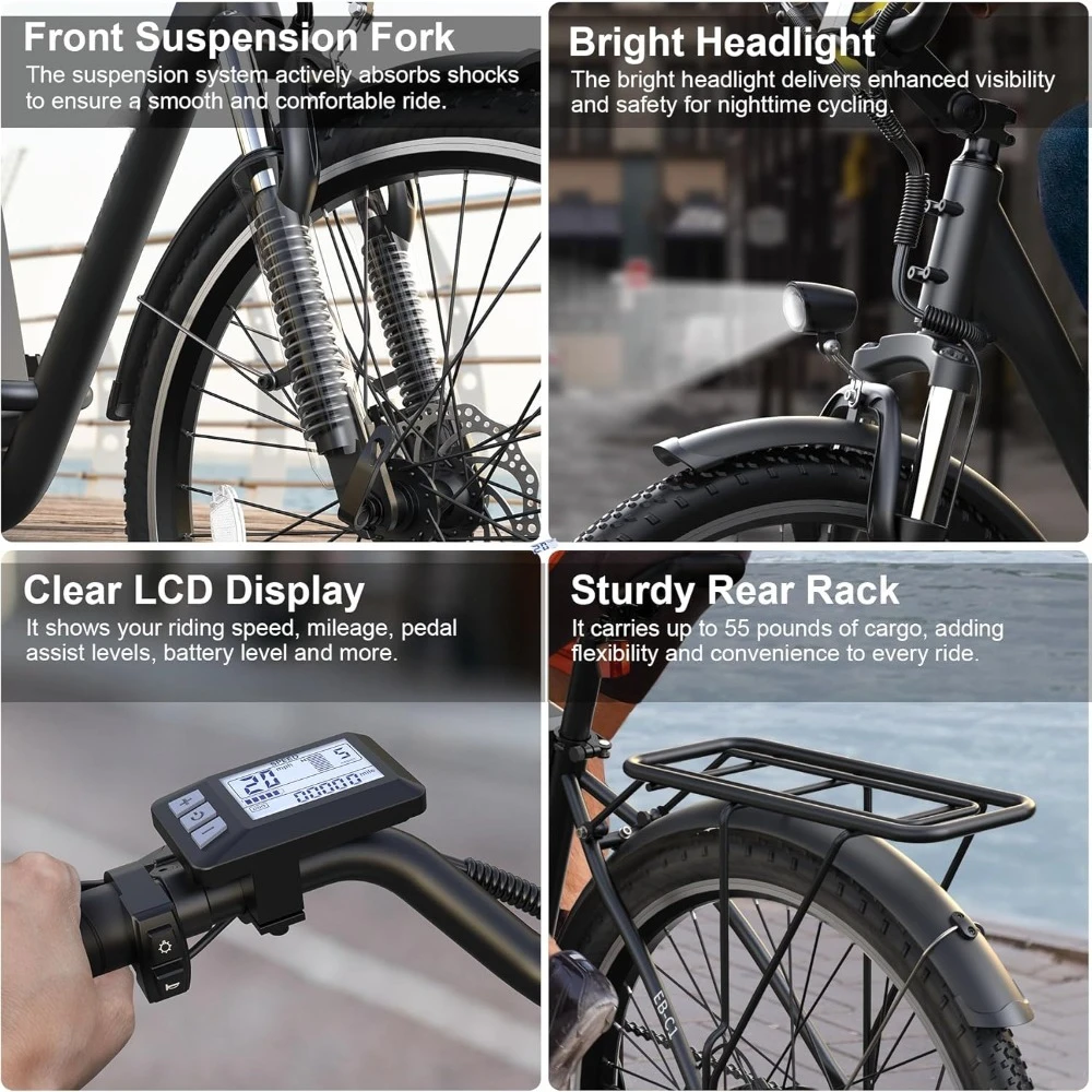 26 Inch City Cruiser Electric Bike for Adults 1000W Motor 20MPH 48V Battery 7 Speed
