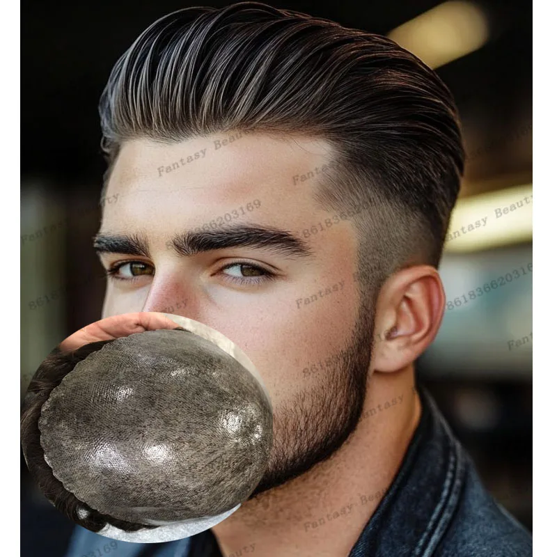 

Необнаружимый полный 0,1 мм инъекционный полиуретановый базовый мужской парик 30 мм волна супер прочный европейский блондин мужские парики система волос протез