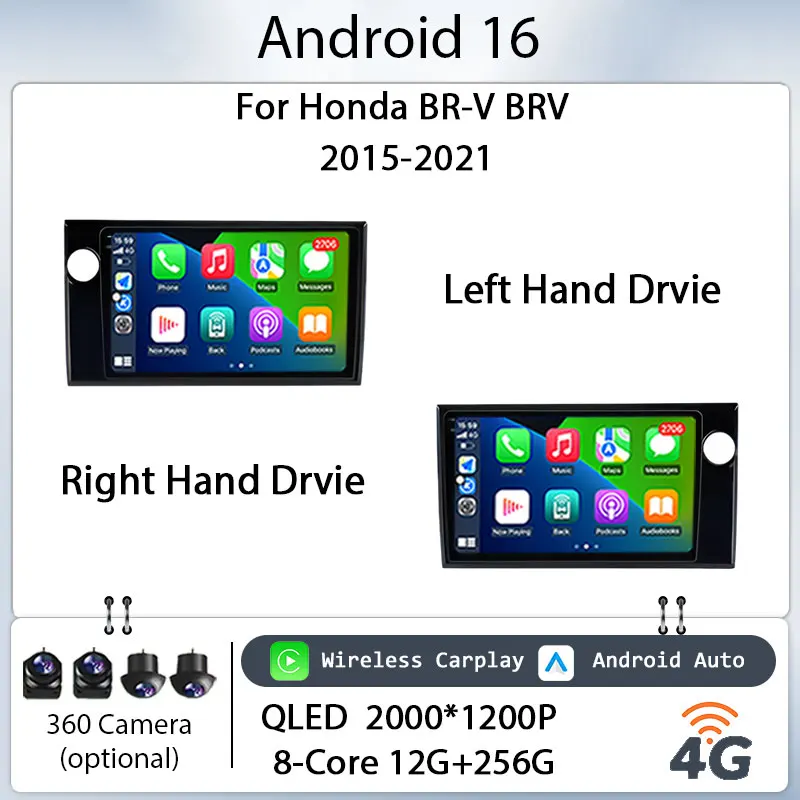 Para Honda BR‑V BRV 2015‑2021, pantalla táctil Android 16 IPS HD de 9 pulgadas, reproductor de audio, CarPlay inalámbrico, GPS, navegador, BT, WiFi, kit multimedia