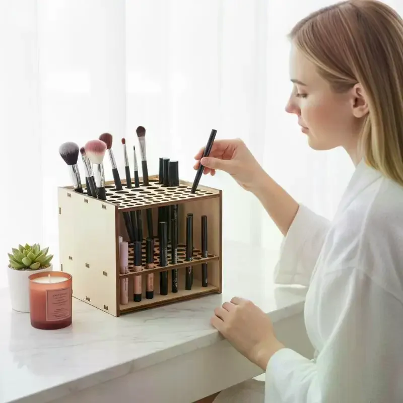 67-Slot Artist Desk Organizer, Durable Double-layer Wooden Holder for Paint Brushes and Pencils