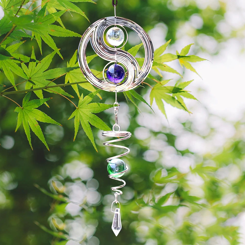 Stainless Steel 3D Rotatable Wind Chimes Tai Chi Shape with Crystal Outdoor Garden Pendant Bedroom Decoration Home Suncatcher