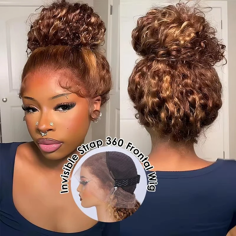 36 Inch Highlight Ombre 360 Deep Wave Lace Front Wigs Human Hair P4/27 Hidden Strap 360 HD Full Lace Drawstring Wig Human Hai