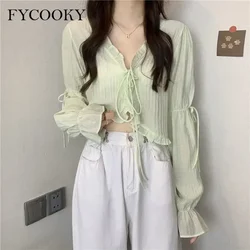 Cárdigan de encaje con volantes para mujer, chaqueta de manga larga con protección solar, Tops cortos de gasa de color caramelo