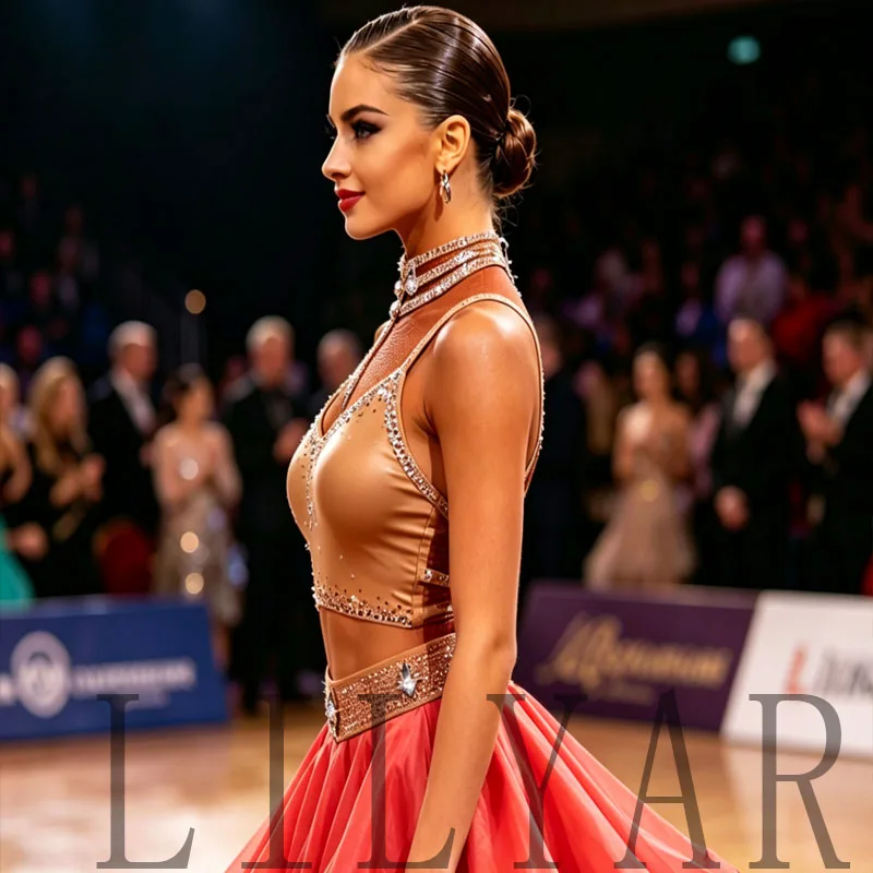 New professional Latin dance competition performance dress with sea blue tassel short open waist sparkling diamond dance skirt