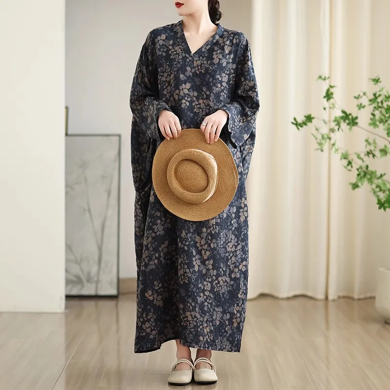 SuperAen 2025 Spring New Color Holiday V-neck Retro Long Dress Oversize Cotton and Linen Dress