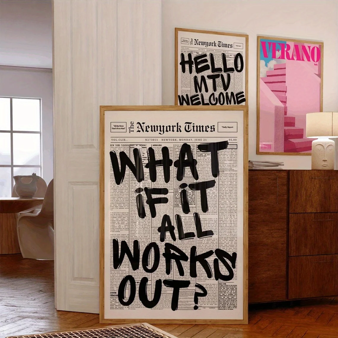 قطعة واحدة من الملصق الحديث - "ماذا إذا كانت كل شيء جيدًا؟" اقتباس أسود إيجابي مطبوع على خلفية الصحف، ملصق مزخرف #2