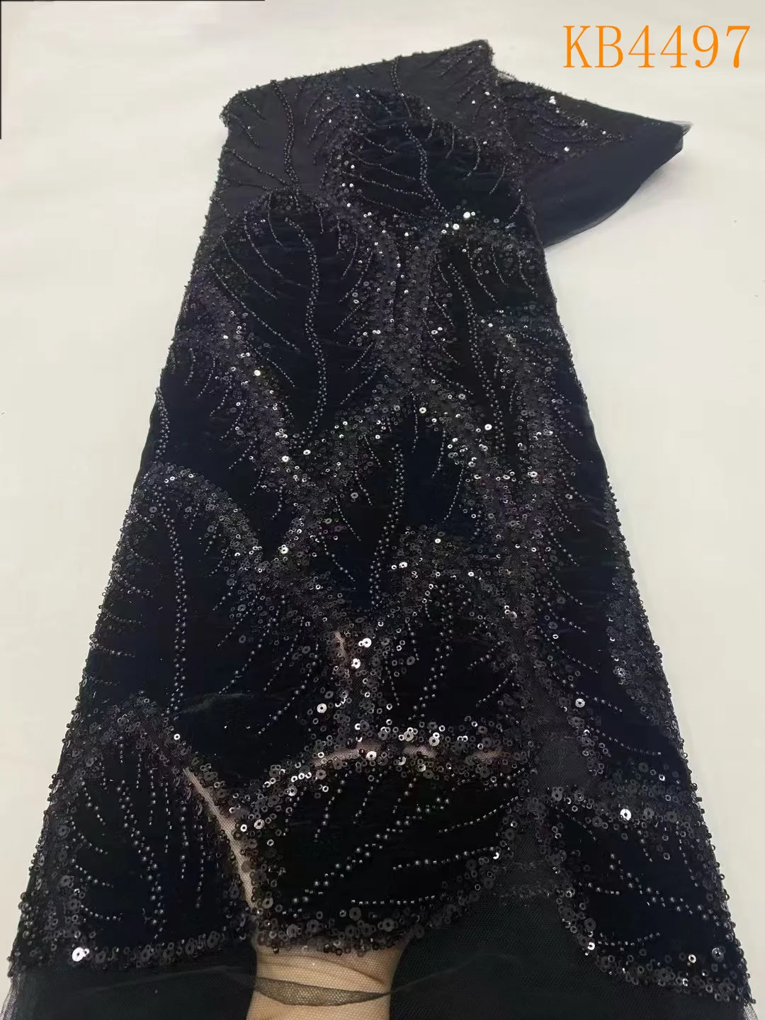 Luxury Africa Beaded Lace Fabric Gold French Lace Fabrics Quality 2025 Black Velvet Sequins Tulle Lace Fabric For Wedding KB4497