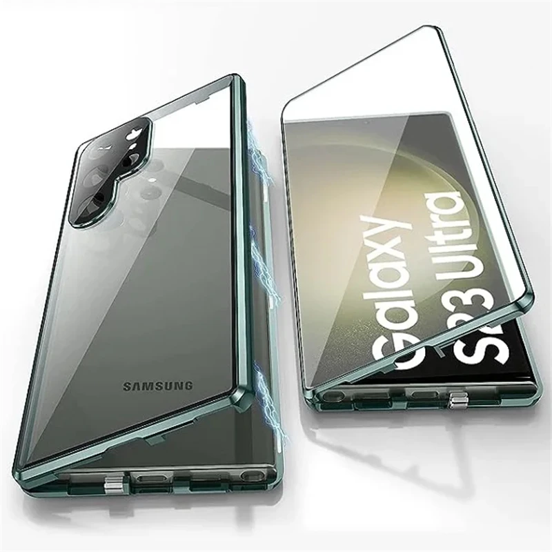 360°Full Protection Metal Magnetic Double Sided Glass Snap Lock Case For Samsung Galaxy S20 S21 S22 S23 S24 Bumper Cover