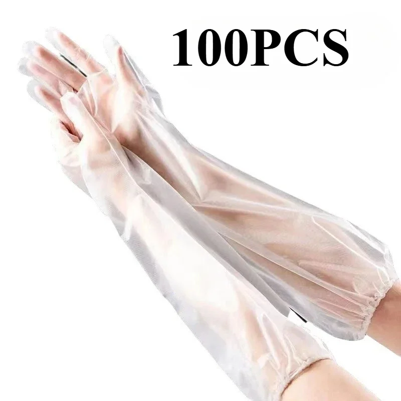 

100 шт. одноразовых длинных перчаток для кухни: пищевые, водонепроницаемые, маслостойкие, противоскользящие, для мытья посуды и уборки дома