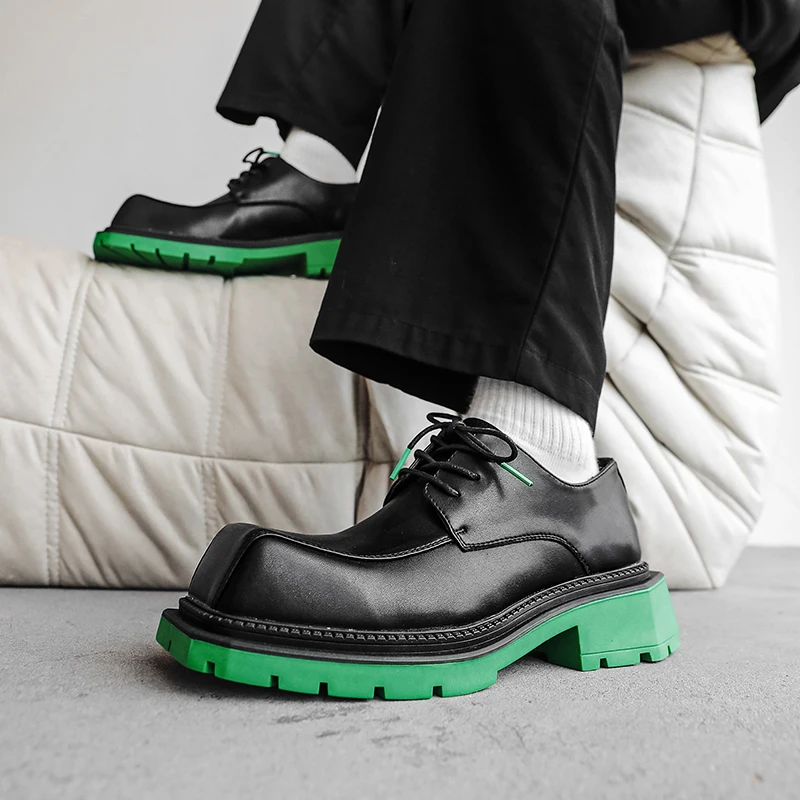 2023 Men\'s Japan Karajuku Korean Style Fashion Streetwear Thick Platform Casual Green Leather Shoes Lace Up Dress Leather Shoes