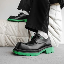 2023 Men's Japan Karajuku Korean Style Fashion Streetwear Thick Platform Casual Green Leather Shoes Lace Up Dress Leather Shoes