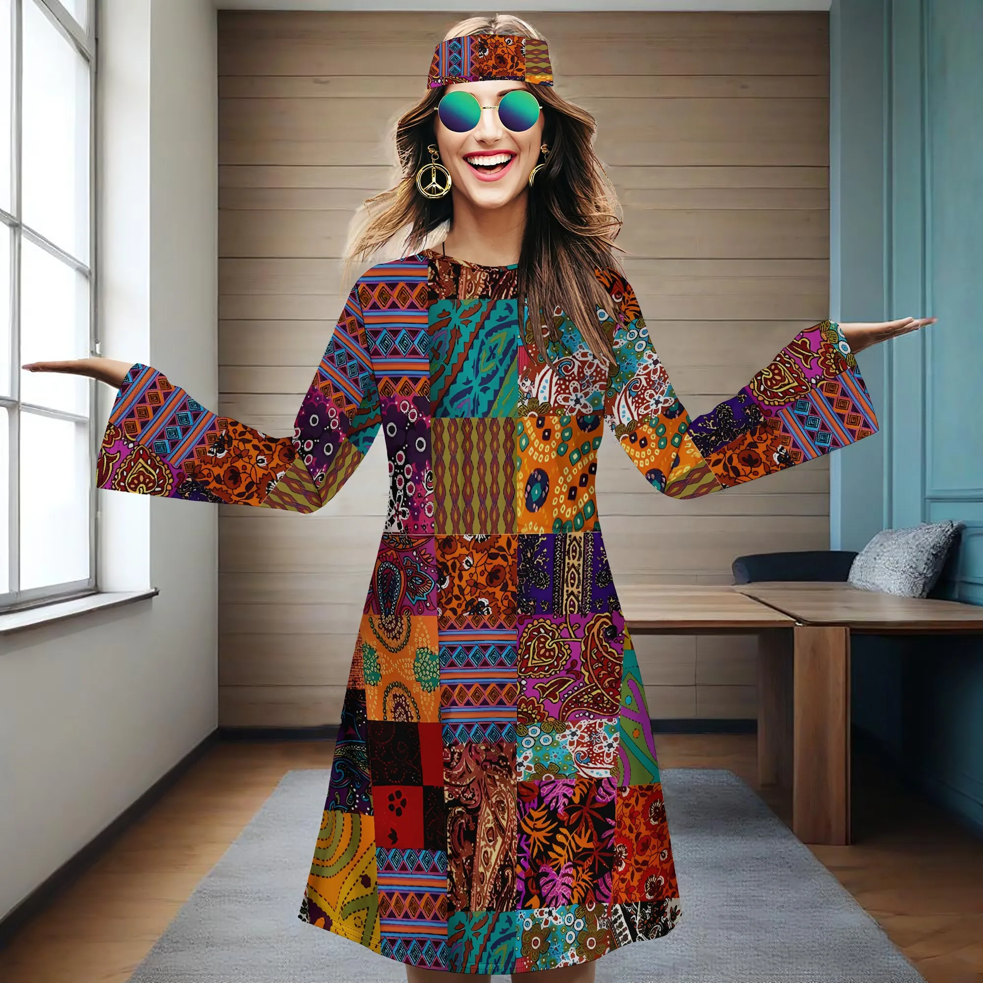 

Women's Round Neck Festival Dress with Bandana Polyester Long Trumpet Sleeves Casual Vintage Print