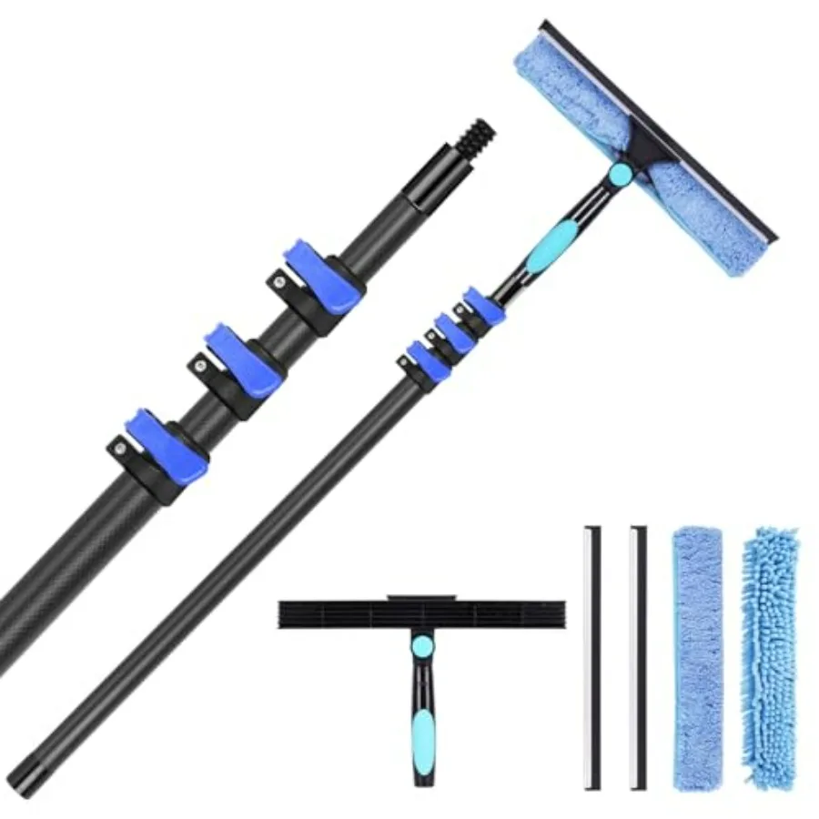 

12-Foot Carbon Fiber Window Cleaner Tool for Indoor/Outdoor Glass Cleaning: Telescopic Extension Pole, Rotating Scrubber Squeeg