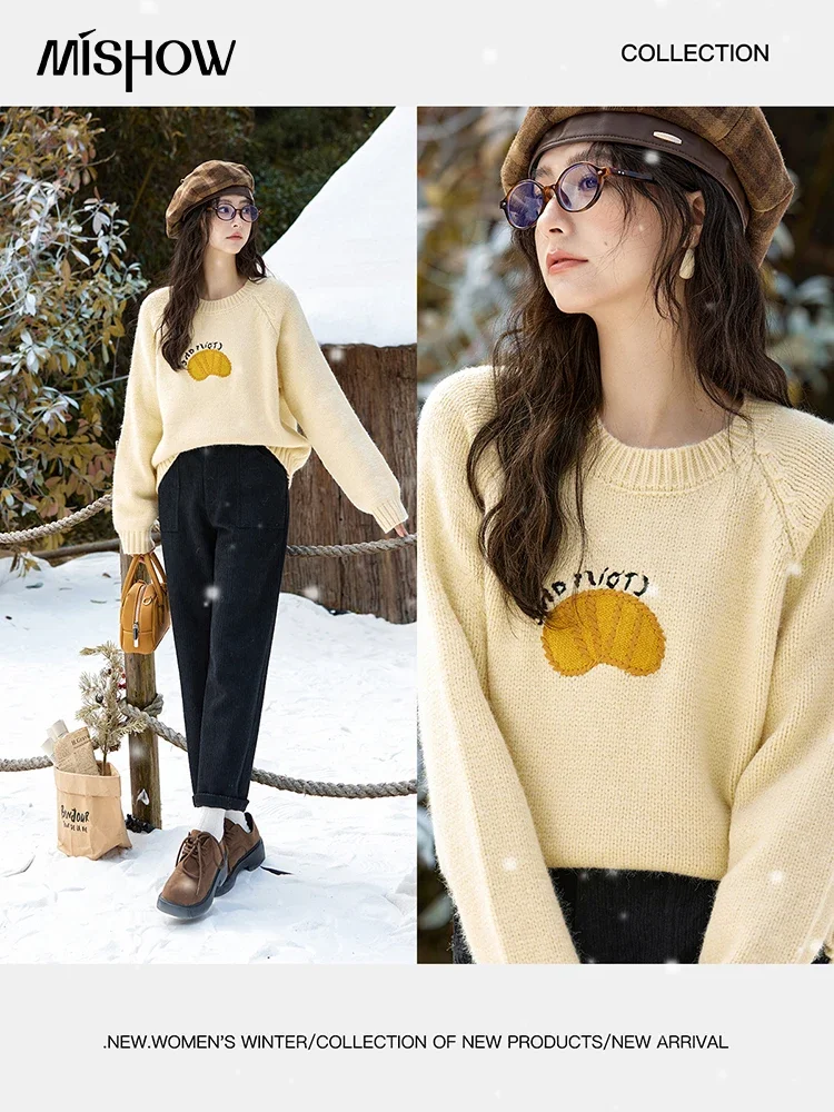 MISHOW Bull Horn Embroidery O-Neck Pullovers Yellow Blue Outerwears Knitted Sweater Thickened Warm Versatile Tops MXD57Z1084