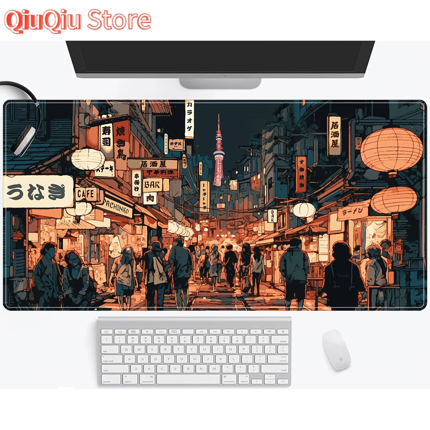 

1pc Japanese Street Design Large Mouse Pad Deskpad Mat with Stitched Edges, Non Slip Rubber Base Mouse Pad
