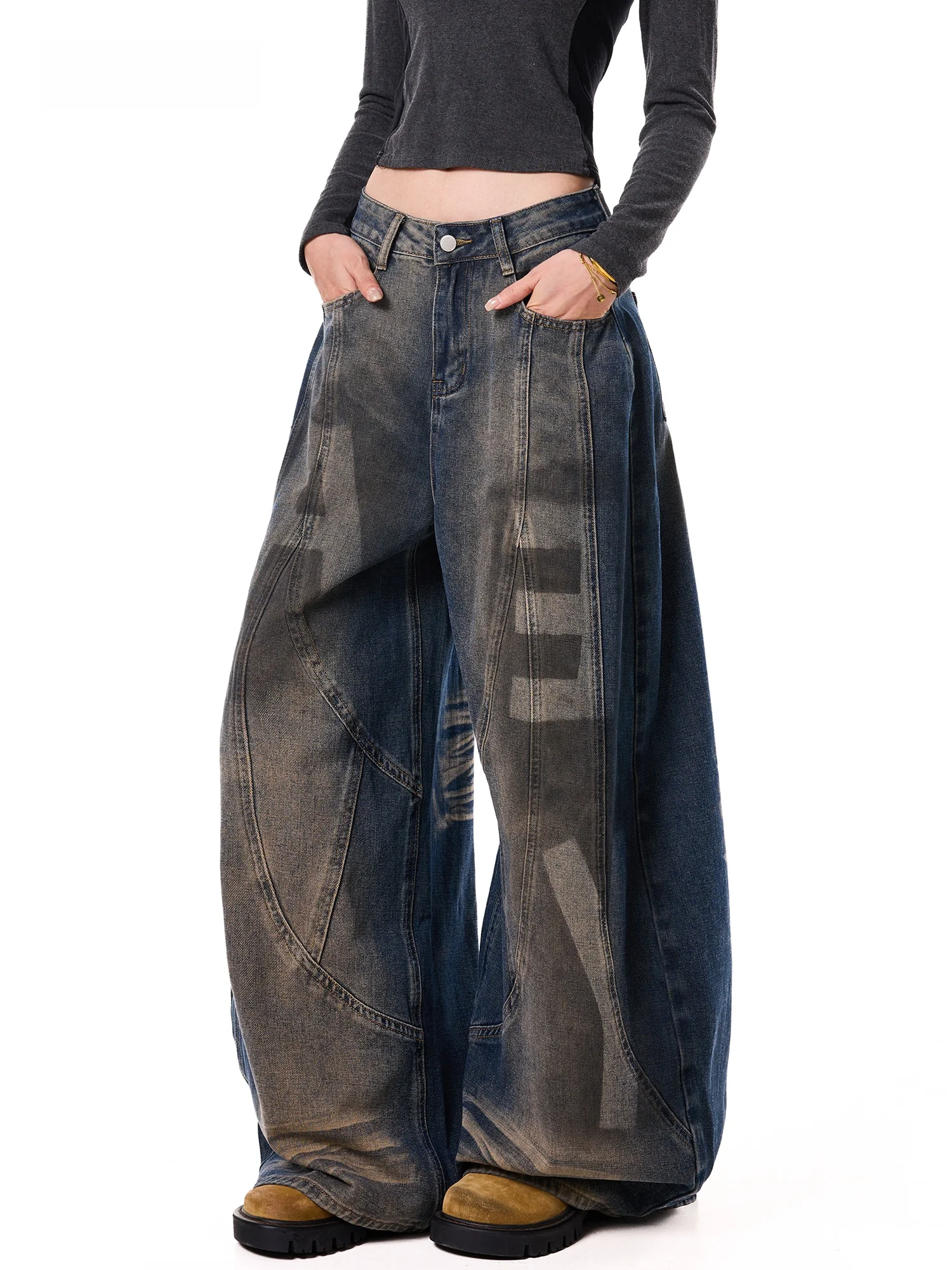 American Style Autumnal Vintage Washed Letter Print Wide Leg Jeans Loose Floor-Length Pants Women's Deconstructed Blue Cotton...