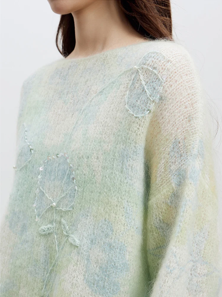 SuyaDream, Woman Printed Pullovers, Sheep Wool Sweaters, Beadings, Round Collar, 2025 Fall Winter Fashionable Top, Green, Purple
