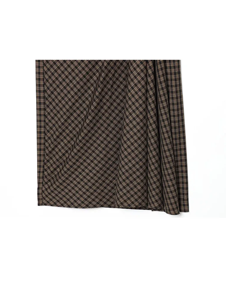 HH, nueva moda para Mujer, Falda a cuadros plisada con cremallera versátil Vintage, falda larga informal de cintura media para Mujer con dobladillo con abertura para Mujer