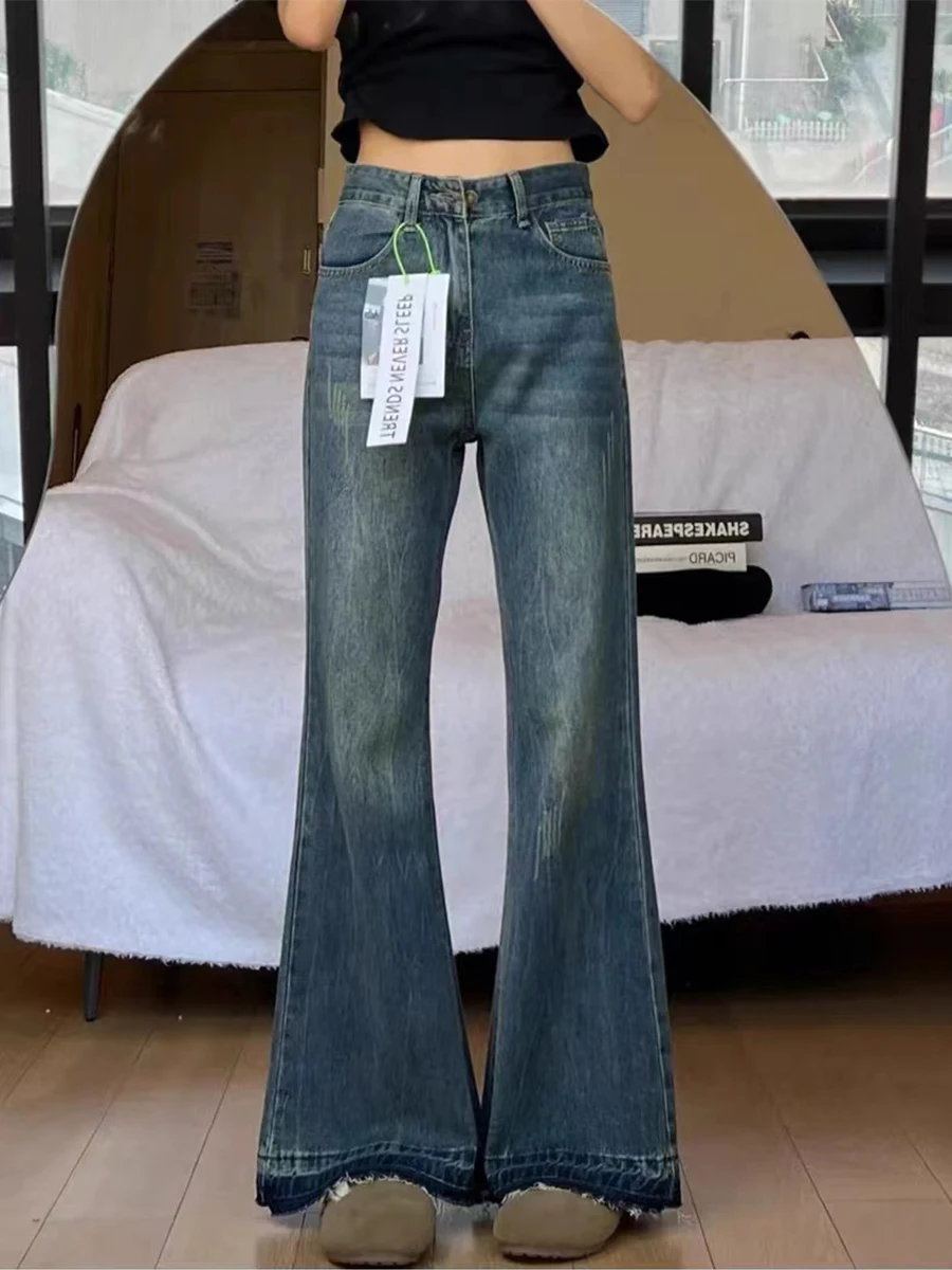 

Джинсы с высокой талией и широкими штанинами для женщин, весна-осень, прямой крой, стройнящие, джинсовые брюки-клеш для фигуры «груша»