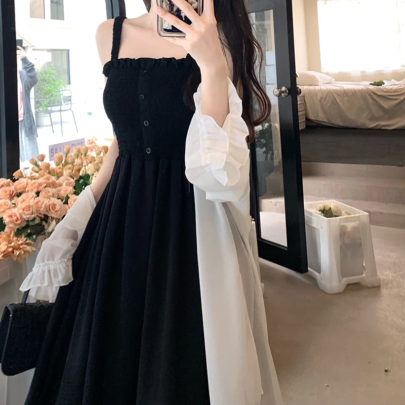 

plus Size Summer Strap Dress Slimming Set Women's Chiffon Sunscreen Open Cardigan Two-Piece Set Meat Covering Fashionable