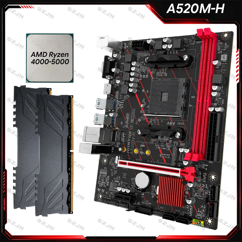 JGINYUE A520M Motherboard Kit AM4 Ryzen Kit mit Prozessor DDR4 3200 MHz Unterstützung M.2 NVME Dual Channel DDR4 RAM WIN11