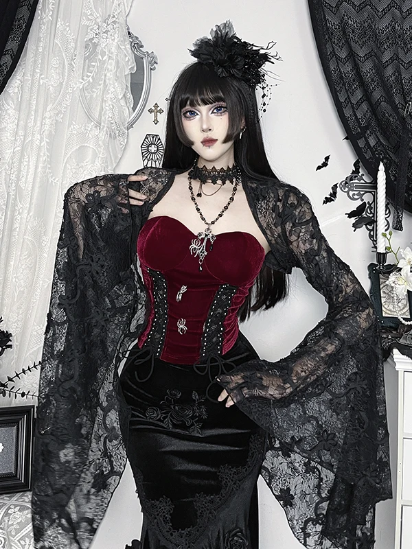 loween Gothic Lace Floral Print Women's Outfit with Fi Tail Skirt And Top Bundle k Sle High Waist Polyester Fiber