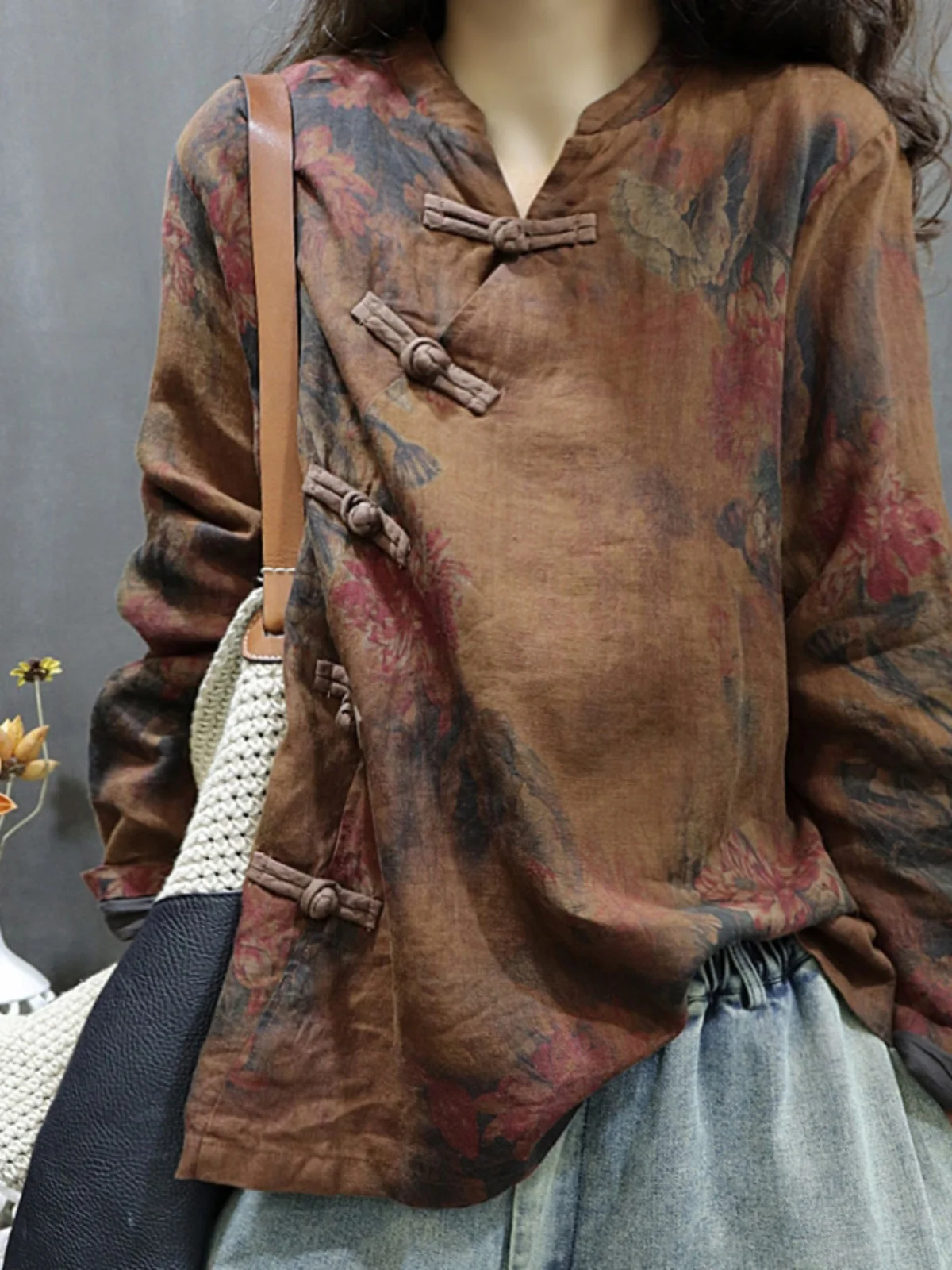 

Retro Print Linen Long Sve Women's irt Spring Autumn New Chinese Sle National Trend Oblique Button V Collar Cotton Lin...