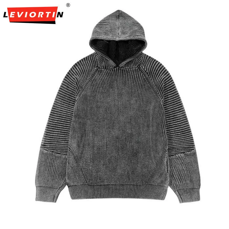 

2025 Men's autumn and winter jacquard pullover knitted sweater washed and worn hooded sweater punk retro loose casual sweatshirt