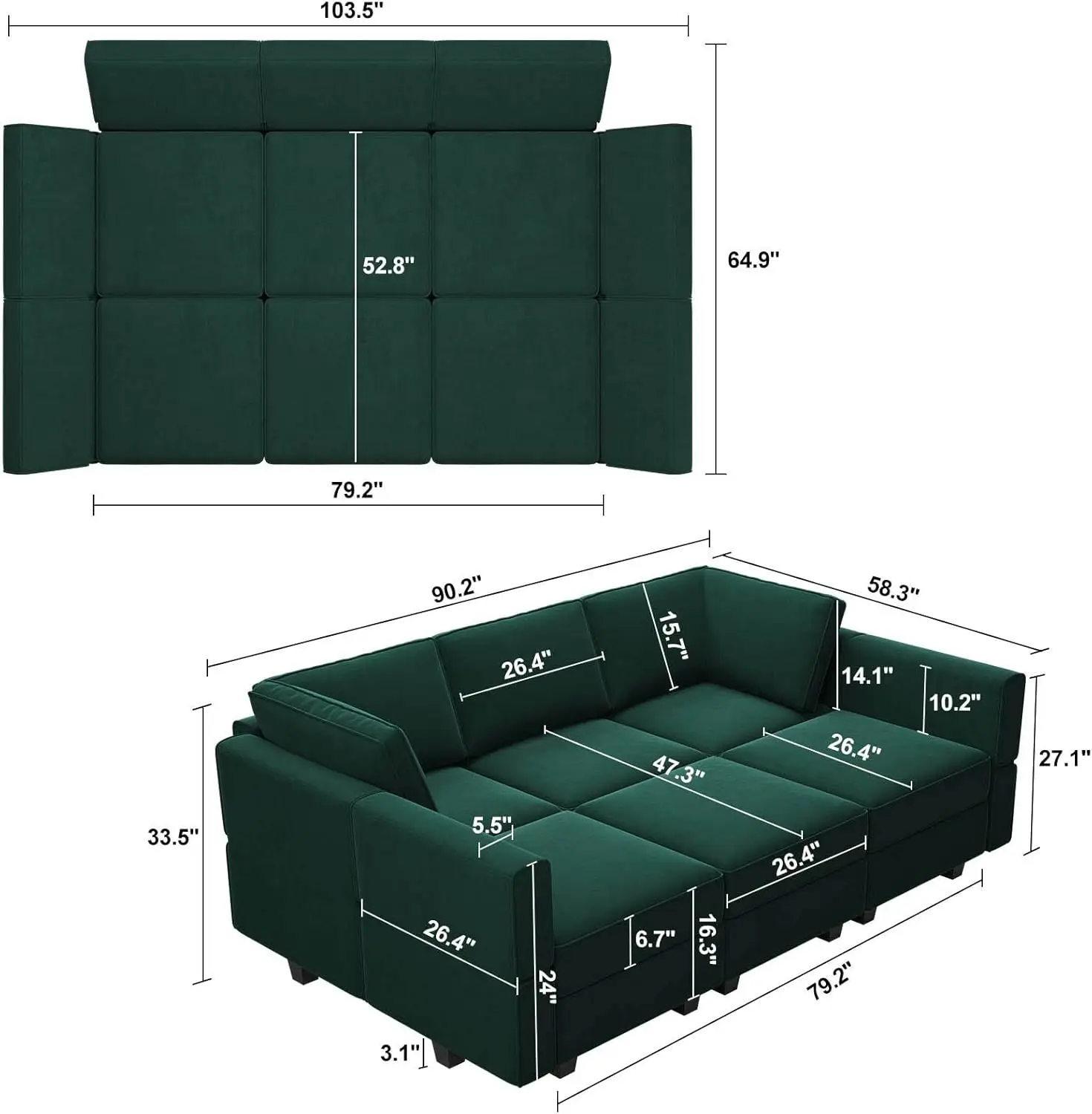 Modular Velvet Sectional Sofa with Chaise Lounge Sectional Sleeper Sofa with Storage Chaise Sofa Bed Couch for Living Room Green