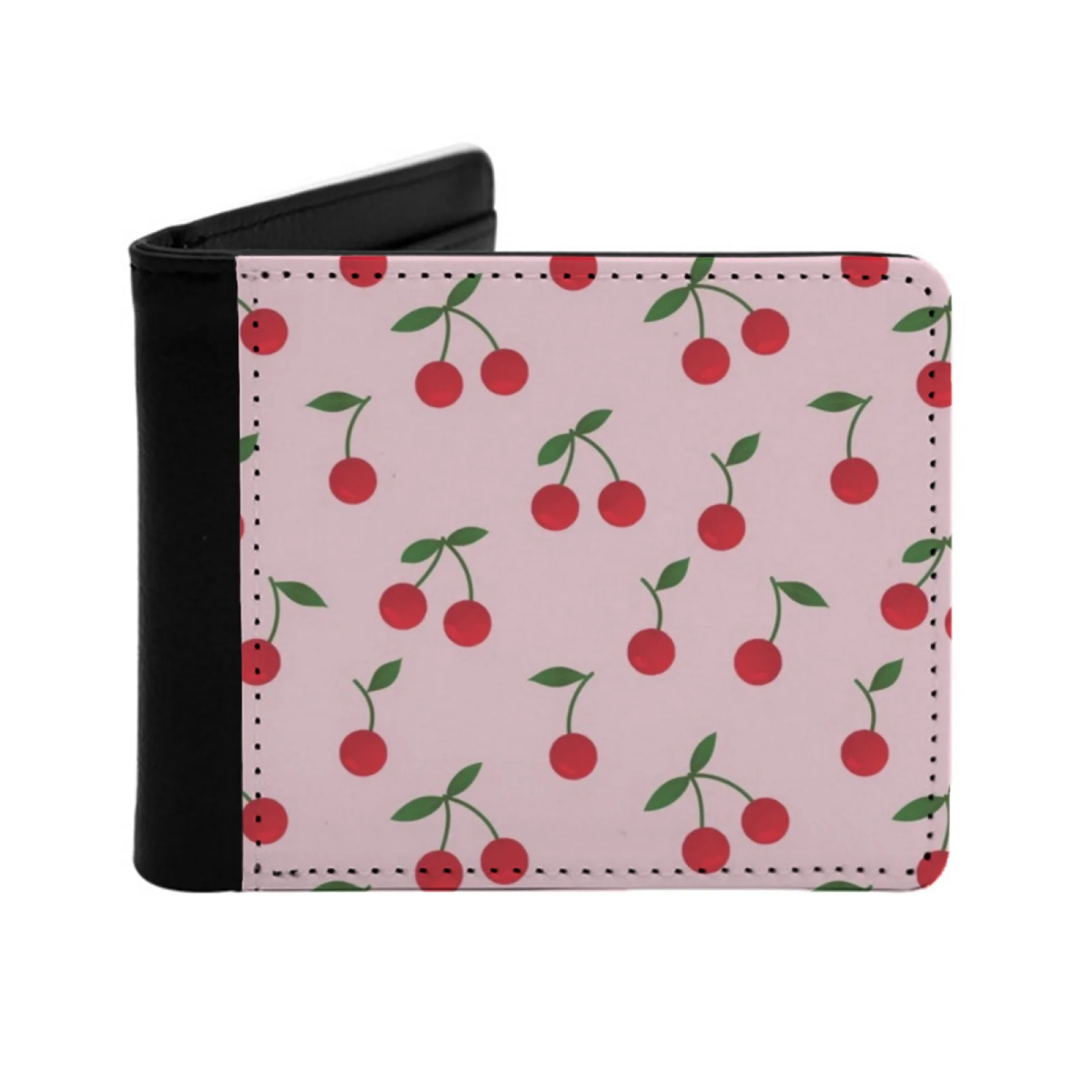 Cherry Berry Pattern Red Cherries Seamless Pattern Men's Wallet Pu Leather Wallet Multifunction Credit Card Purse Cherry Berry