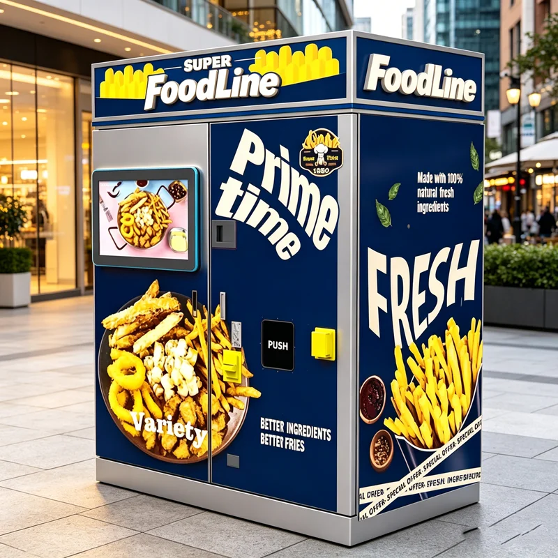 Commercial Full Automatic 24/7 French Fries Vending Machine Custom 32-inch Touchscreen 180C Heating Remote Monitoring Coin OME